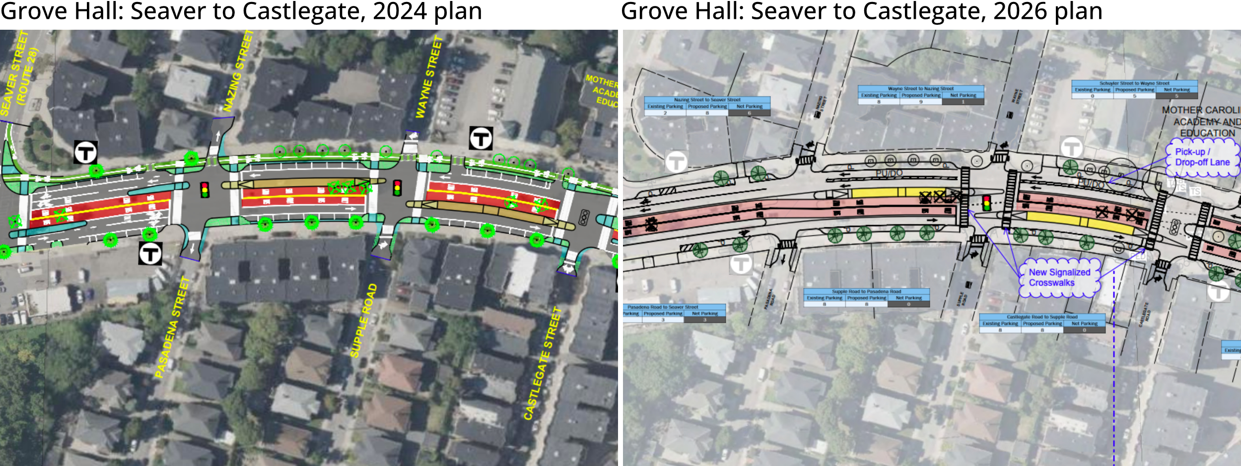 A diptych of images showing a satellite view of a city intersection overlaid with a sketch layout of a city street: left is a 2024 iteration of the plan and right is the 2026 plan. Both versions show center-running bus lanes and new crosswalks in the vicinity of Blue Hill Avenue and Seaver St. in Roxbury. The left plan shows more crosswalks, an additional traffic light at Zazing Street, and one fewer car lane than the right (2026) version of the plan.