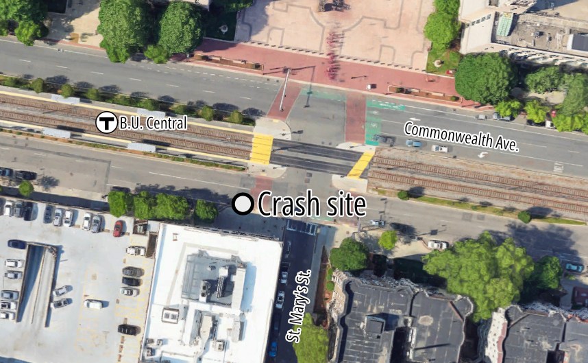 An aerial view of a city intersection with railway tracks running in the middle of the main street labelled Commonwealth Ave. and a small side street labelled St. Mary's St. The crash site is in a crosswalk at the SW corner of the intersection.