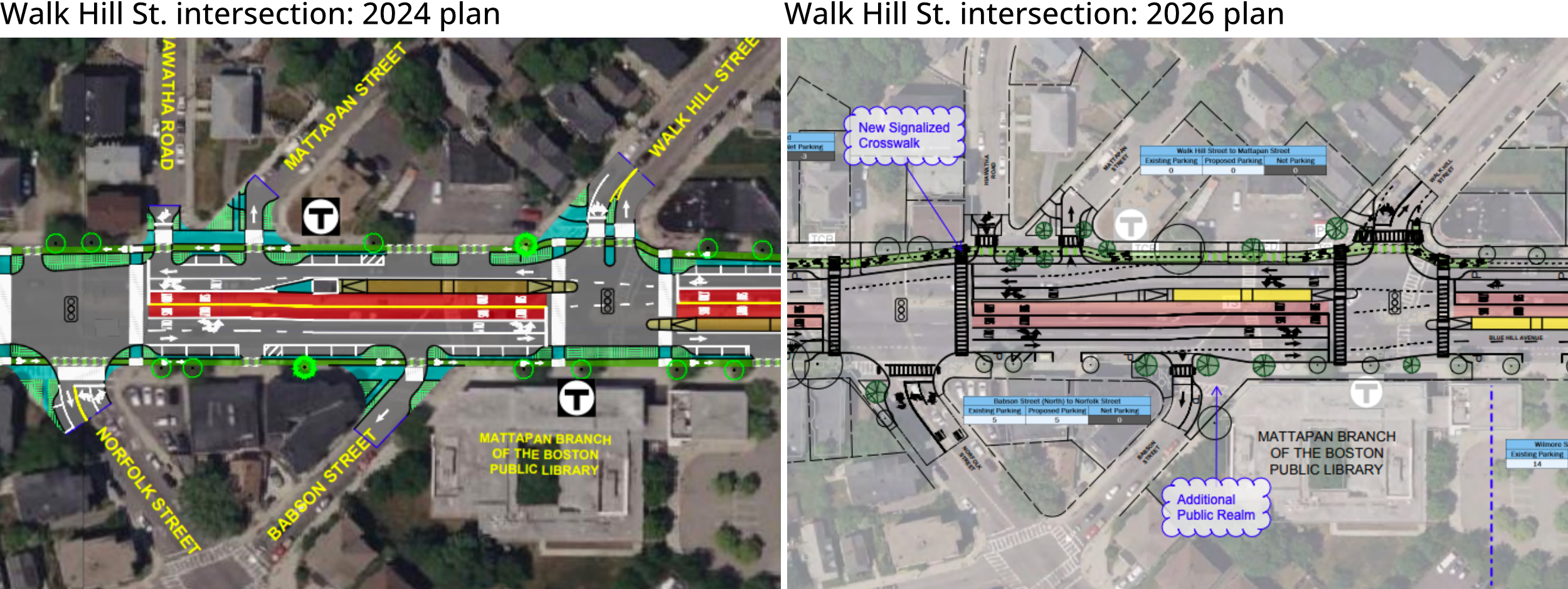 A diptych of images showing a satellite view of a city intersection overlaid with a sketch layout of a city street: left is a 2024 iteration of the plan and right is the 2026 plan. Both versions show red bus lanes in the middle of a wide street. The right version (2026) has more car lanes and one less bike lane.