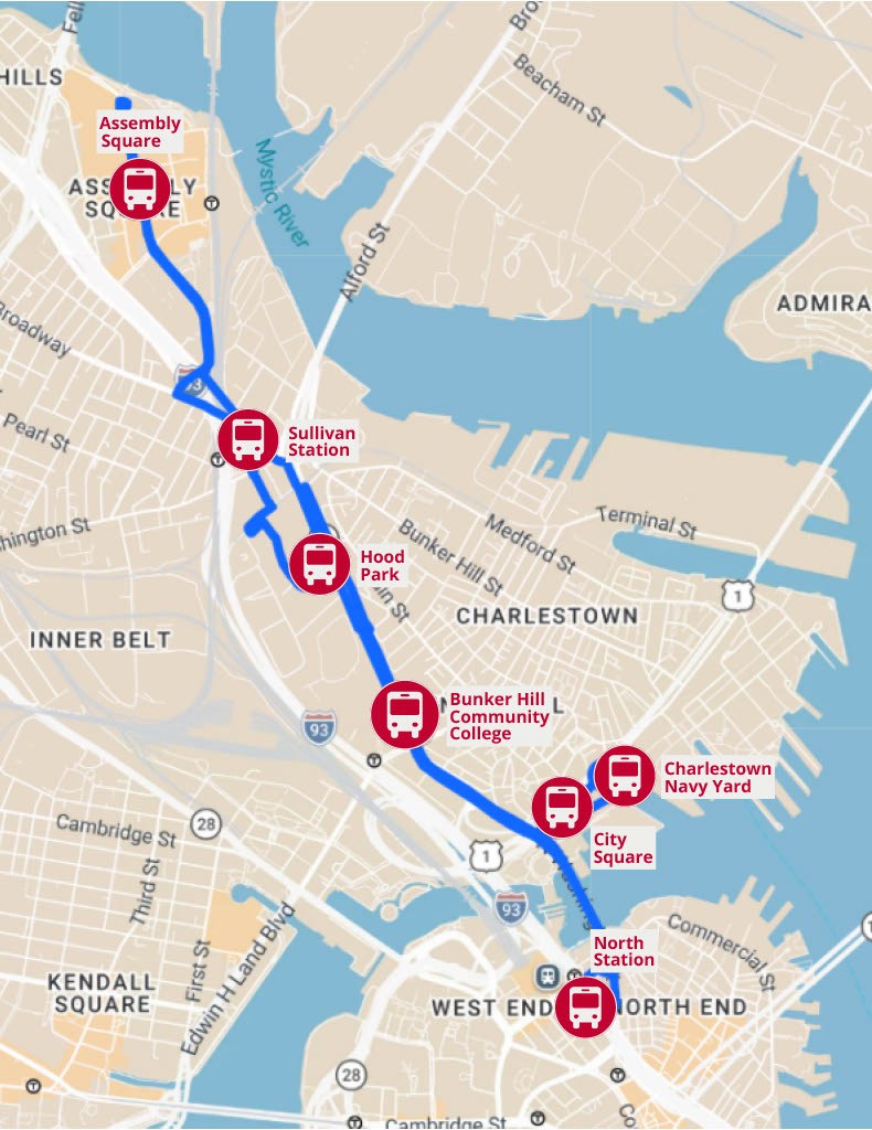 Map showing Lower Mystic Link Route 2, connecting Assembly Square through Sullivan Station, Hood Park, Bunker Hill Community College, City Square, and Charlestown Navy Yard down to North Station.