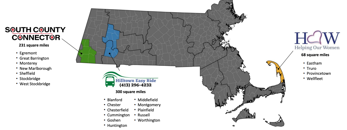 A map of Massachusetts highlighting the multi-town service areas of three regional "microtransit" services. The Helping Our Women serves outer Cape Cod in the far eastern part of the state; the Hilltown Easy Ride serves 11 towns in the center of Western Mass., and the South County Connector serves 7 towns in the southwestern corner of the state.