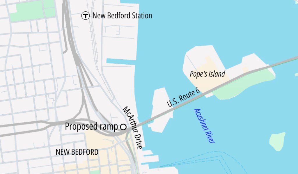 A locator map of New Bedford, with the South Coast Rail T station on the upper edge near the riverfront and the Achushnet River occupying the right side of the map. In the center is the Route 6 bridge, which meets McArthur Drive on the New Bedford waterfront at the edge of a large tangle of highway interchange ramps.