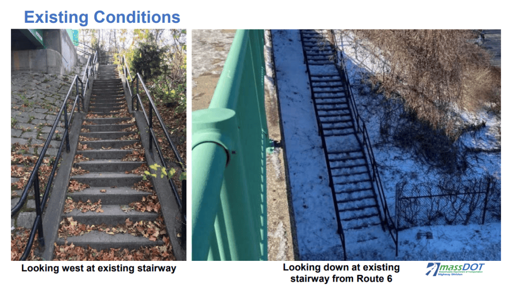 A MassDOT presentation slide titled "Existing Conditions" featuring two photos of the staircase: on the left ("Looking west at existing stairway"), a view from the bottom looking up shows a long, narrow outdoor concrete staircase with black metal handrails, stone walls, brown leaves, and bushes across the steps, and on the right ("Looking down at existing stairway from Route 6"), a view from the bridge looking down at the same staircase covered in snow and ice.