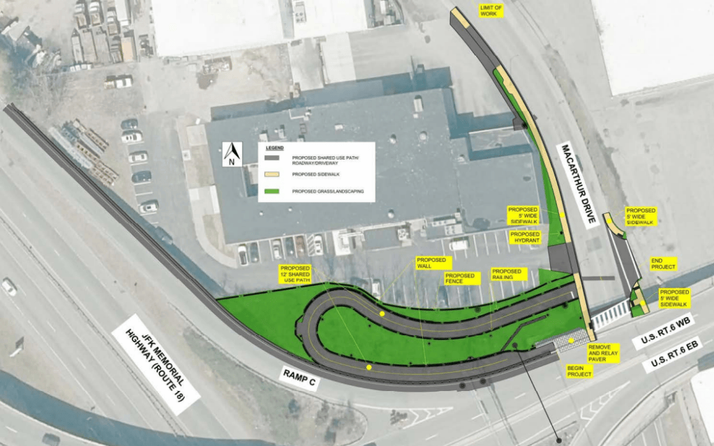 An aerial design site plan map for the Route 6 bike and pedestrian ramp project, showing a 12-foot shared-use path (grey) connecting the Route 6 westbound bridge down to MacArthur Drive, with new crosswalks, sidewalk extensions (light yellow), proposed landscaping (green), and safety railings.